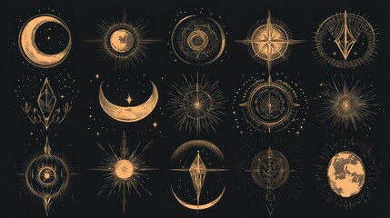 Celestial Symbols Collection Mystical Designs, Dark Background, Graphic Design Elements