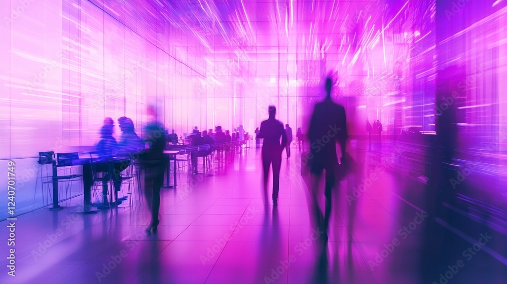 Poster shadows of people weave through a vibrant, glowing environment, creating an atmosphere pulsing with 