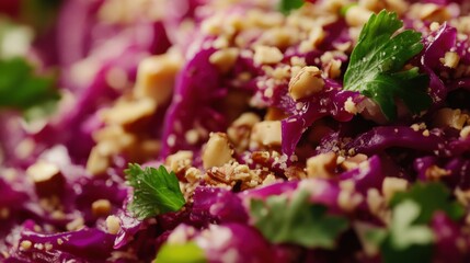 Vibrant Red Cabbage Salad with Cashews and Fresh Basil Leaves