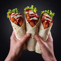 Delicious rolled kebab wraps with crispy fried chicken kitchen food photography dark setting