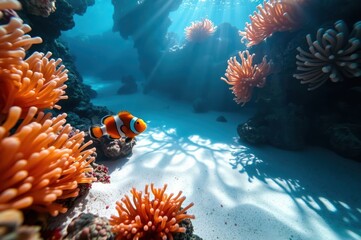 Ocean scene with orange sea anemone and clownfish