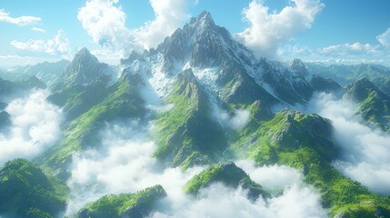 Naklejka premium Majestic snow-capped mountains above cloudscape, aerial view, nature background, travel brochure