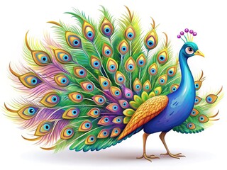 Obraz premium Cartoon Peacock with Vibrant Feathers on White Background