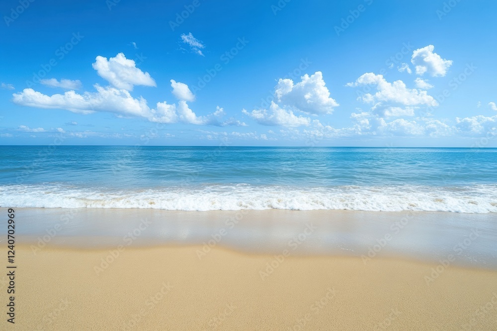 Poster calm ocean waves gently lap against smooth sandy shore under a bright blue sky with fluffy clouds. g