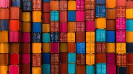 A vibrant wall of stacked shipping containers creates a colorful pattern, highlighting the variety and volume of goods transported globally.