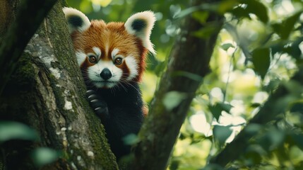 Adorable Red Panda Peeking from Tree in Lush Forest Environment