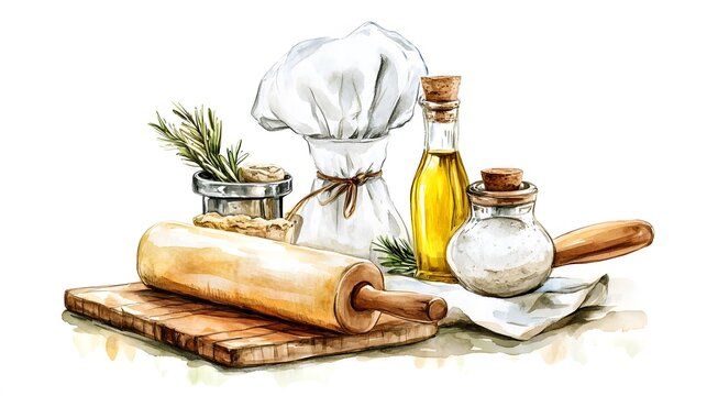Watercolor Painting of Baking Ingredients and Tools