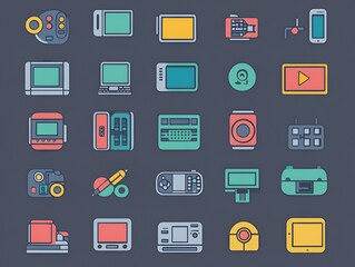 A set of colorful flat design icons for technology, featuring gadgets and devices