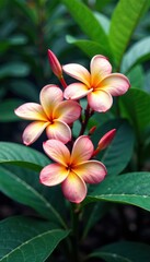 Obraz premium Softly focused plumeria blooms amidst a mix of greenery and abstract textures, nature, greenery