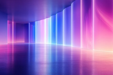 A modern, illuminated space featuring vibrant pink and blue lights, reflecting on a glossy floor, creating a futuristic ambiance.