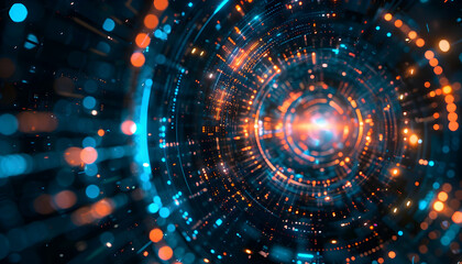 Obraz premium Abstract digital vortex with glowing particles in blue and orange swirling around a central light