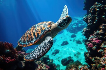 Obraz premium Sea Turtle Swimming in Coral Reef, Underwater Scene
