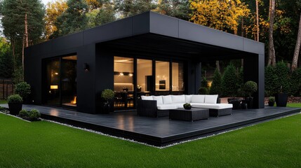 Modern black house, evening, forest, patio furniture