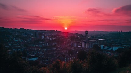 Fototapeta premium Pink city sunrise, hilltop view, hazy skyline, urban landscape, travel