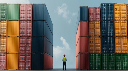 A safety officer inspects stacked shipping containers emphasizing the scale and logistics of global trade.