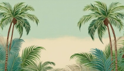 Naklejka premium seamless border frame beautiful vibrant green palm trees on pastel background; copy space for your text