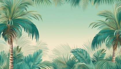 seamless border frame beautiful vibrant green palm trees on pastel background; copy space for your text