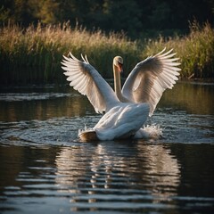 A royal mute swan with wings slightly open on a serene pond.