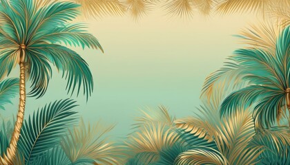 seamless border frame beautiful vibrant green palm trees on pastel background; copy space for your text