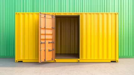A yellow cargo container with its doors wide open against a green textured wall portraying openness in logistics shipping or storage.