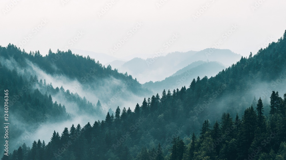 Poster misty mountain landscape with dense coniferous forests and rolling hills during an early morning hou