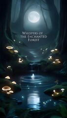 A mystical forest glows with bioluminescence, a shimmering spring, and ghostly ripples, evoking a sacred, enchanting, and mysterious realm.