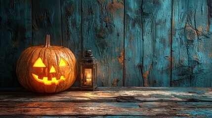 Obraz premium Illuminated Jack-o'-lantern, lantern, rustic wood, Halloween, spooky background, autumn, design