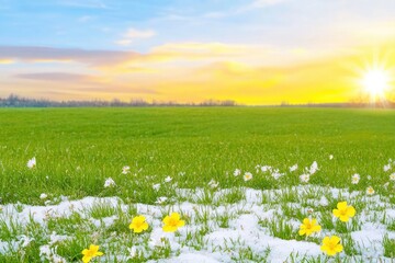 A sunrise over a green field with patches of snow and blooming yellow flowers, symbolizing the arrival of spring..