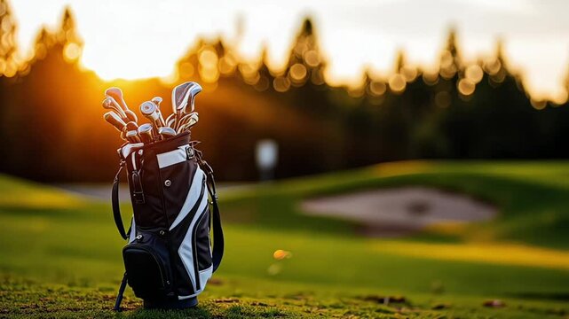 Golf bag in the golf course at the sunset