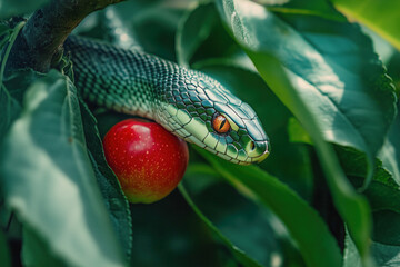 Green serpent and red apple in lush foliage