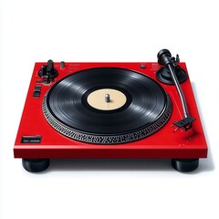Fototapeta premium Red Vinyl Record Player On White Background Studio Shot