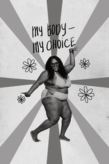 Vertical collage picture of cheerful carefree girl enjoy dancing my body my choice banner isolated...