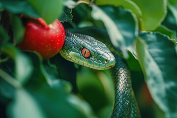 Lush foliage concealing a green serpent and a red apple