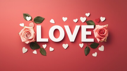 A romantic composition featuring the word "LOVE" surrounded by roses and heart shapes against a vibrant red background.