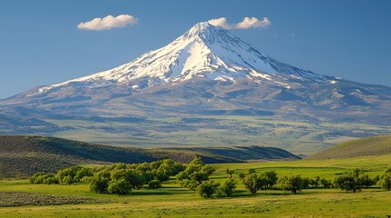 Majestic snow-capped mountain, green valley, sunny day, pastoral landscape, travel photography