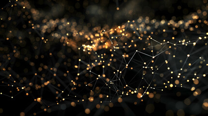 Abstract representation of interconnected nodes and glowing particles in a dark space environment