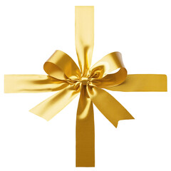 Fototapeta premium Shiny crossed golden ribbon tied in a decorative bow on transparent background for special occasions, for wrapping your contents