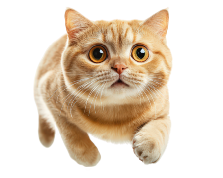 cat caught mid leap with surprised look on its face, showcasing its playful nature and curiosity. This adorable feline captures attention with its large, expressive eyes