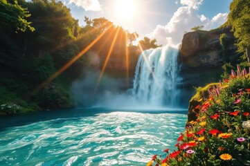 Sunlit Waterfall Cascading into Turquoise Pool with Vibrant Flowers