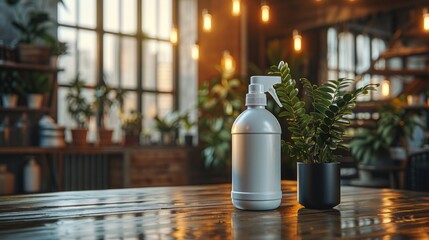 A white plastic bottle of disinfectant cleaner placed at the center of a neat office desk.
