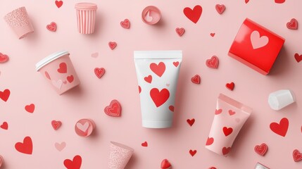 Fototapeta na wymiar A flat lay of skincare products adorned with hearts, surrounded by scattered heart-shaped decorations on a soft pink background.