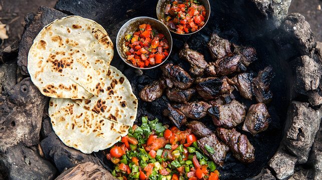 A Kenyan nyama choma with grilled meat, chapati, and kachumbari, symbolizing the role of communal grilling and social gatherings in Kenyan food culture and family celebrations.