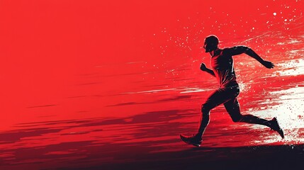 Runner sprints, red background, motion blur, energy, sport