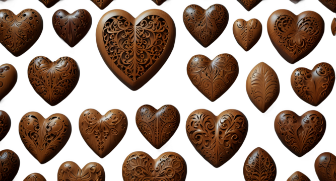 An array of intricately engraved brown wooden hearts, arranged symmetrically, showcasing delicate floral patterns. 