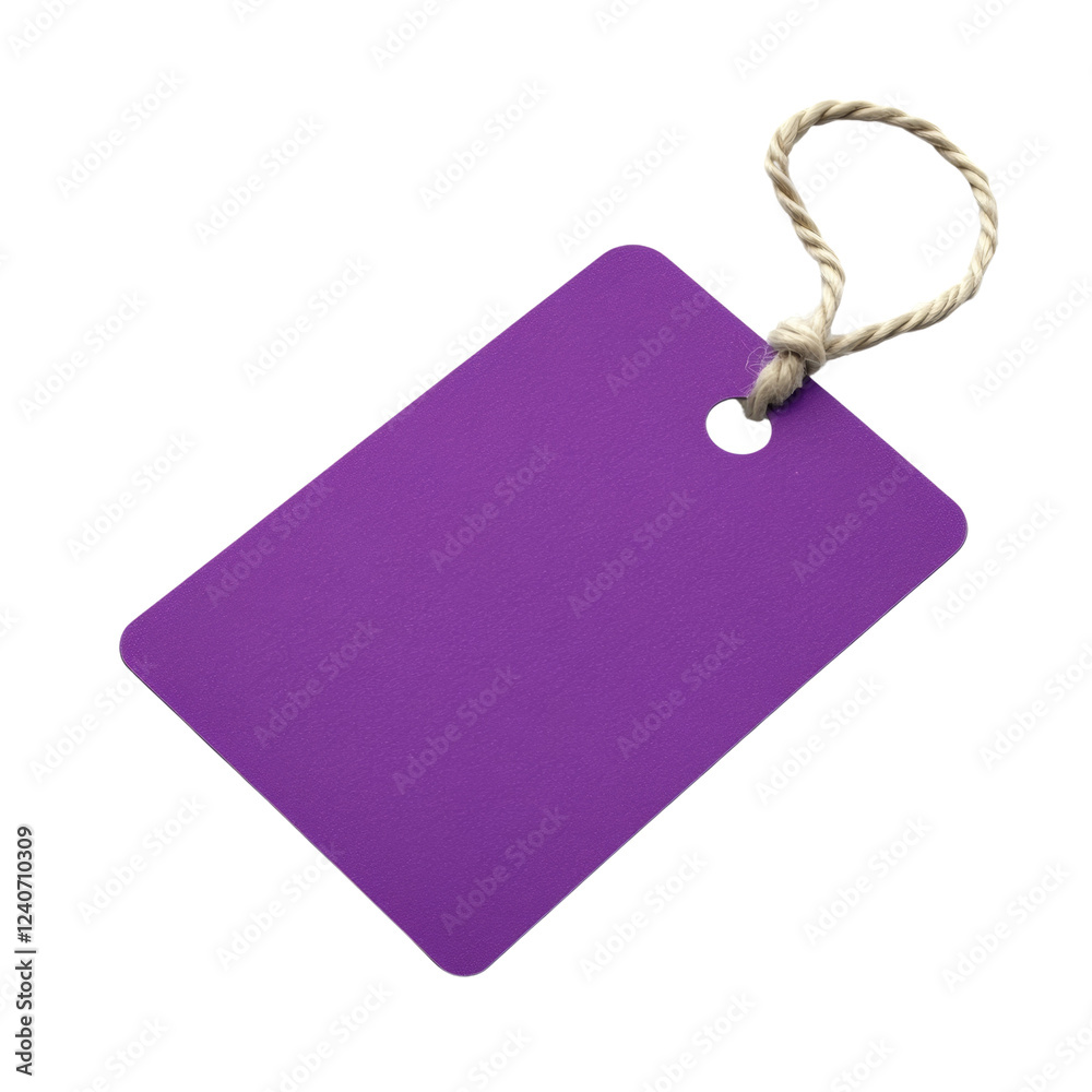 Aufkleber A blank purple rectangular tag with a small hole and a twine loop is shown against a black background.