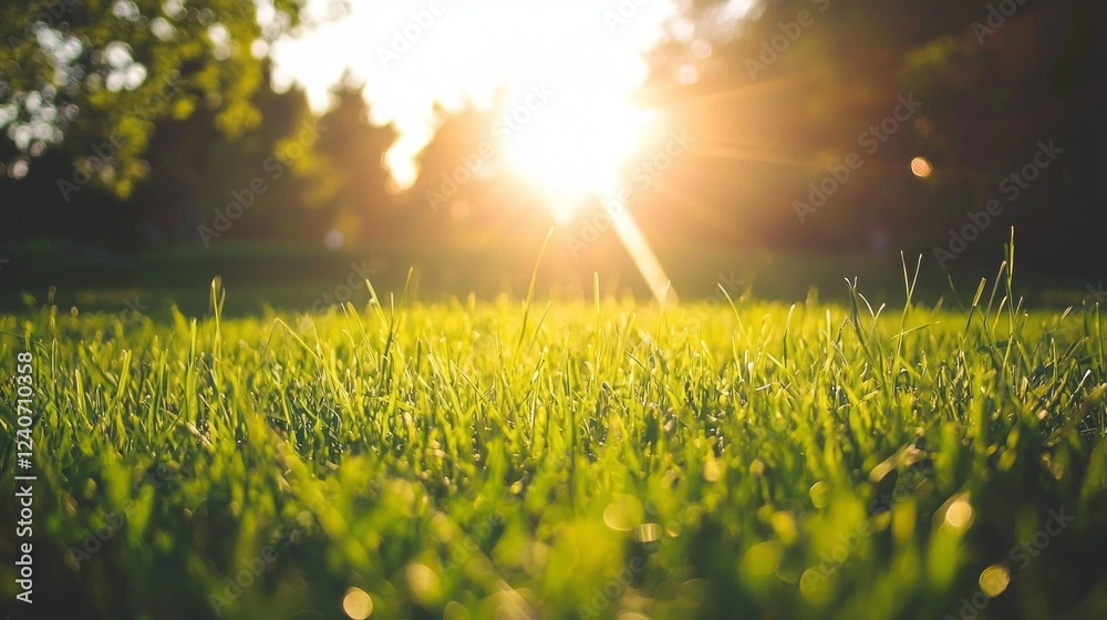 Aufkleber as the sun rises, its warm rays illuminate the vibrant green grass, while dew droplets catch the lig