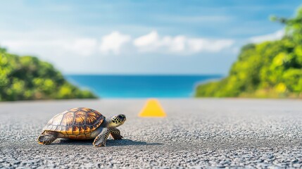 A turtle crossing a deserted road with a scenic ocean view and lush greenery in the background