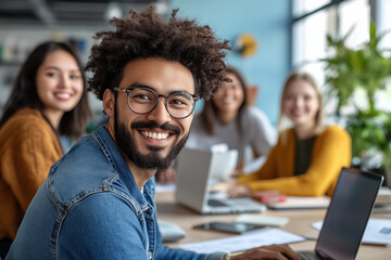 A team collaborating on ideas in a well-lit workspace