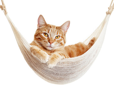 cat lounging in hammock, looking blissfully relaxed and content. warm orange fur and calm expression create serene atmosphere, perfect for relaxation