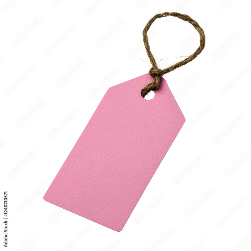 Poster a pink rectangular gift tag with a brown twine loop is shown against a black background.